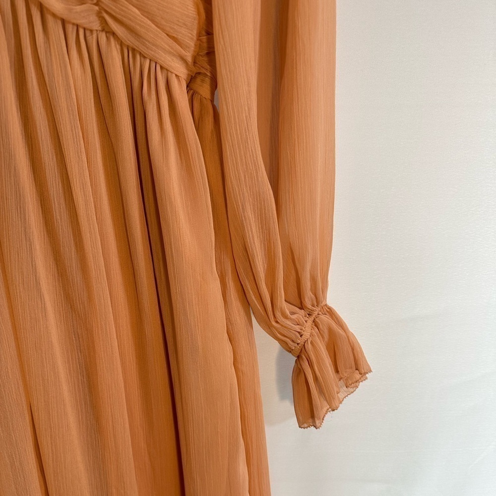 French Connection Akita Pleated Ruffled Long Sleeve Puff MIDI Dress Size 6 Pink - Picture 12 of 16